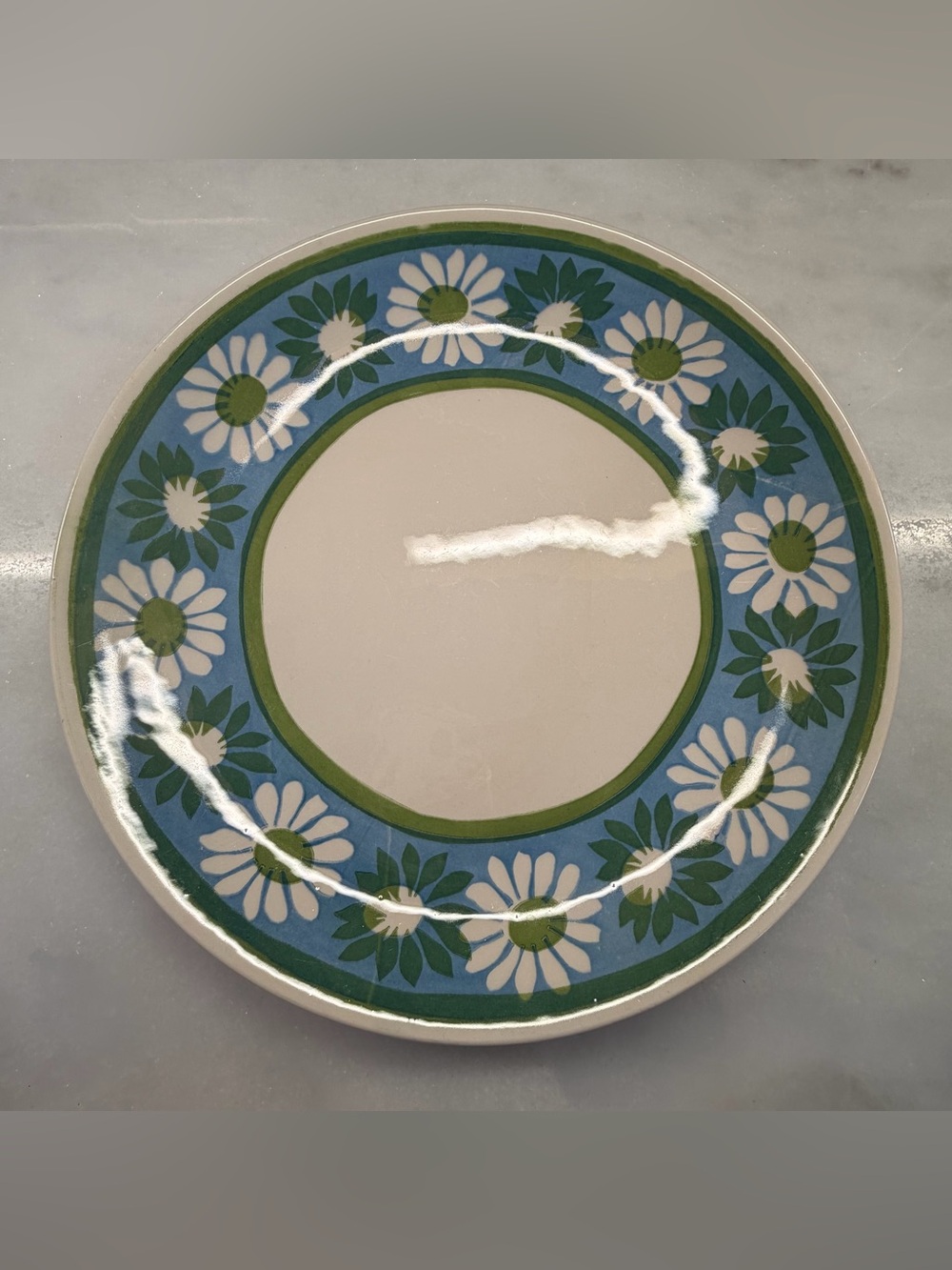 Vintage Style Ceramic Serving Platter 12” Blue Green Daisy Floral Cottagecore
